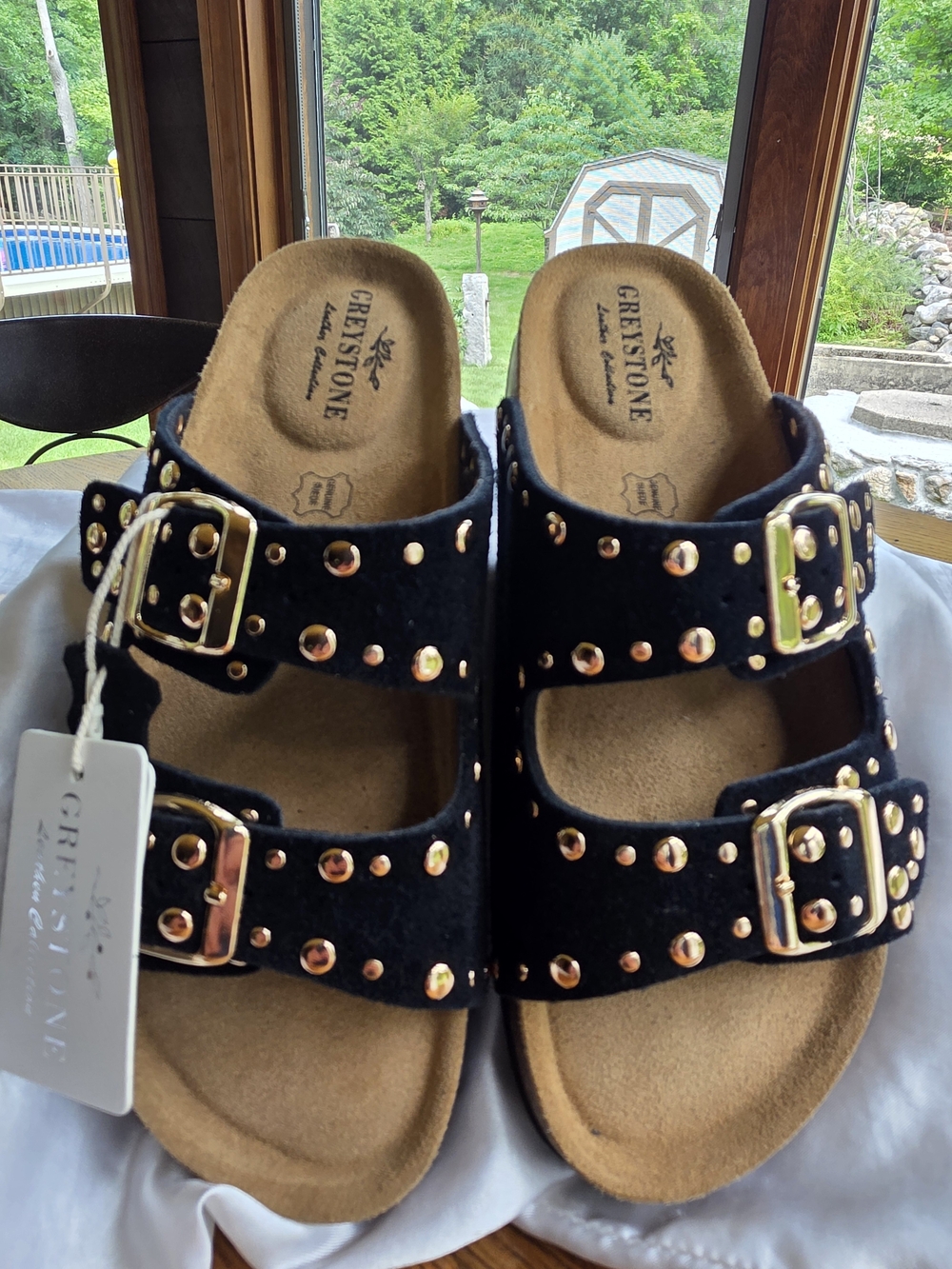 🟥NEW Greystone Black Studded Double-Buckle Sandals NWT Size 6.5